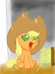 Size: 500x667 | Tagged: safe, artist:leelvin, derpibooru import, applejack, pony, baby, baby pony, babyjack, cute, foal, happy, hay, jackabetes, open mouth, oversized hat, sitting, smiling, solo, younger