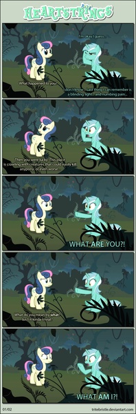 Size: 1063x3225 | Tagged: artist:tritebristle, bon bon, comic, comic:heartstrings, derpibooru import, dialogue, everfree forest, looking at each other, lyra heartstrings, one eye closed, open mouth, safe, sitting, surprised, sweetie drops, underhoof