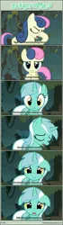 Size: 1063x3818 | Tagged: ..., artist:tritebristle, bon bon, comic, comic:heartstrings, derpibooru import, dialogue, everfree forest, eyes closed, facehoof, floppy ears, looking at each other, looking at you, lyra heartstrings, offscreen character, open mouth, pov, safe, smiling, sweetie drops