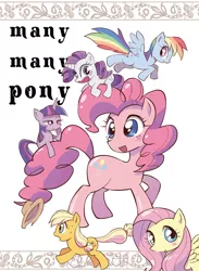 Size: 732x1000 | Tagged: safe, artist:k-nattoh, derpibooru import, applejack, fluttershy, pinkie pie, rainbow dash, rarity, twilight sparkle, earth pony, pegasus, pony, unicorn, comic:many many pony, comic, cover, doujin, female, it begins, mane six, many many pony, mare, pixiv, so much pony, unicorn twilight