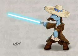 Size: 1200x860 | Tagged: safe, artist:lunarapologist, derpibooru import, pony, bipedal, jedi, lightsaber, mexican, moustache, sombrero, star wars