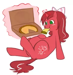 Size: 824x855 | Tagged: artist:redintravenous, belly, derpibooru import, fat, food, oc, oc:red ribbon, pizza, pizza box, safe, unofficial characters only