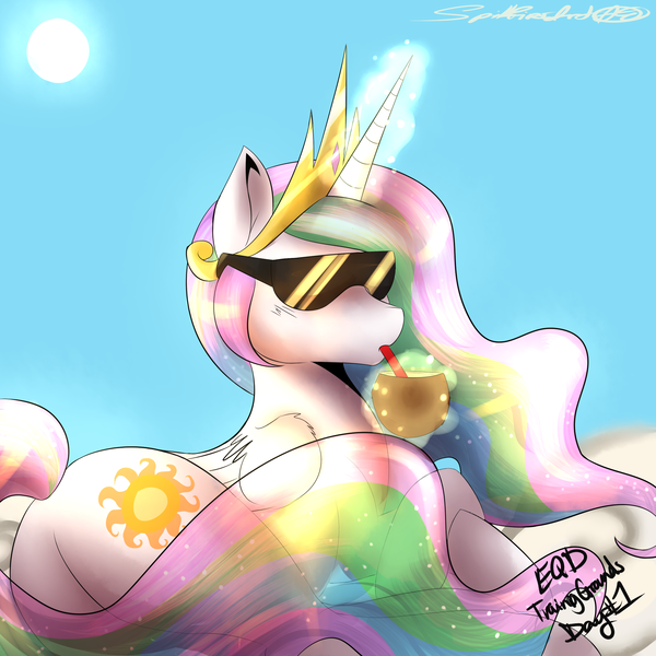 Size: 2000x2000 | Tagged: artist:spittfireart, badass, beach, cool, derpibooru import, drink, high res, plot, princess celestia, safe, solo, sunglasses