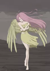 Size: 2468x3492 | Tagged: artist:seismopac, barefoot, clothes, derpibooru import, dress, feet, fluttershy, high res, humanized, safe, skinny, torn clothes, winged humanization