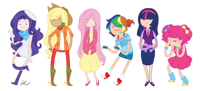 Size: 1542x700 | Tagged: adventure time, applejack, artist:washable-red, beret, boots, clothes, converse, denim, derpibooru import, dress, fingerless gloves, fluttershy, gloves, high heel boots, high heels, humanized, line-up, mane six, mary janes, necktie, pinkie pie, rainbow dash, rarity, safe, shoes, shorts, simple background, skinny, skirt, spurs, sweater vest, tube skirt, twilight sparkle