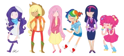 Size: 1542x700 | Tagged: adventure time, applejack, artist:washable-red, beret, boots, clothes, converse, denim, derpibooru import, dress, fingerless gloves, fluttershy, gloves, high heel boots, high heels, humanized, line-up, mane six, mary janes, necktie, pinkie pie, rainbow dash, rarity, safe, shoes, shorts, simple background, skinny, skirt, spurs, sweater vest, tube skirt, twilight sparkle