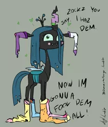 Size: 1270x1500 | Tagged: safe, artist:atryl, derpibooru import, queen chrysalis, changeling, changeling queen, clothes, cute, cutealis, dialogue, fangs, female, gray background, image, png, signature, silly, simple background, socks, solo, tumblr link