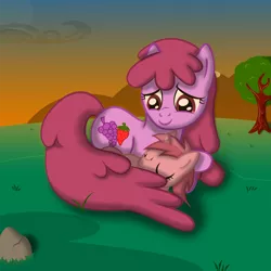 Size: 2000x2000 | Tagged: safe, artist:goldenmercurydragon, derpibooru import, berry punch, berryshine, ruby pinch, earth pony, pony, unicorn, duo, duo female, female, high res, mother and child, mother and daughter, sleeping