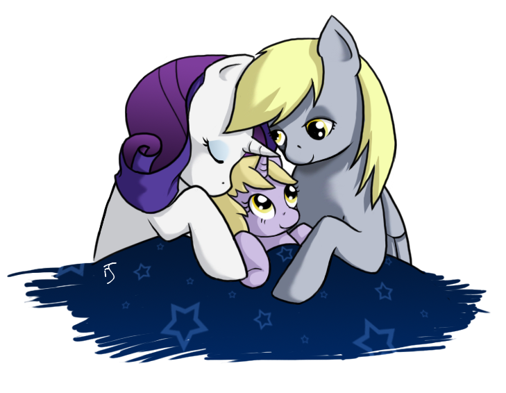 Size: 729x566 | Tagged: safe, artist:theforbiddensecrets, derpibooru import, derpy hooves, dinky hooves, rarity, pegasus, pony, derpity, female, lesbian, mare, shipping