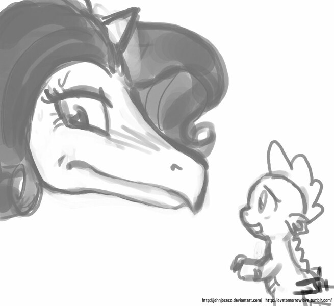 Size: 800x733 | Tagged: safe, artist:johnjoseco, derpibooru import, rarity, spike, dragon, dragonified, female, grayscale, male, monochrome, raridragon, shipping, sparity, species swap, straight