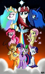 Size: 2220x3596 | Tagged: safe, artist:willisninety-six, derpibooru import, applejack, derpy hooves, fluttershy, pinkie pie, princess celestia, princess luna, rainbow dash, rarity, spike, twilight sparkle, oc, oc:fausticorn, butterfly, pegasus, pony, balloon, female, high res, lasso, lauren faust, mane six, mare, stars