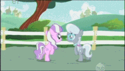 Size: 325x185 | Tagged: safe, derpibooru import, screencap, diamond tiara, silver spoon, earth pony, pony, call of the cutie, animated, arrogant, best friends, bump bump sugar lump rump, butt bump, butt to butt, butt touch, cutie mark, duo, female, filly, foal, glasses, plot, plot touch, talking
