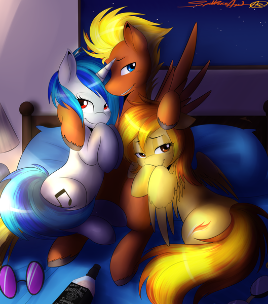 Size: 3000x3400 | Tagged: suggestive, artist:spittfireart, derpibooru import, spitfire, vinyl scratch, oc, pegasus, pony, alcohol, bed, bedroom eyes, canon x oc, cuddling, female, grin, high res, hug, leeroy wingkins, looking at you, looking back, lucky bastard, male, on back, prone, side, smiling, snuggling, straight