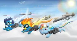 Size: 1700x900 | Tagged: a-10 thunderbolt ii, aircraft, artist:gonein10seconds, autocannon, derpibooru import, f-22 raptor, flying, gau-8, glare, goggles, grin, jet, jet fighter, military, minigun, plane, pure awesome, rainbow dash, rocket pods, safe, smiling, soarin', spitfire, spread wings, weapon, wonderbolts
