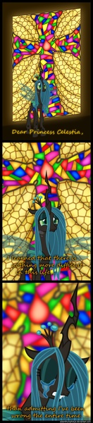Size: 1580x7180 | Tagged: safe, artist:adamlhumphreys, derpibooru import, queen chrysalis, changeling, changeling queen, christianity, comic, conversion, cross, crying, deviantart link, dialogue, eye reflection, eyes closed, female, gritted teeth, image, jpeg, lidded eyes, reflection, religion, sad, show accurate, slit eyes, solo, stained glass, teary eyes