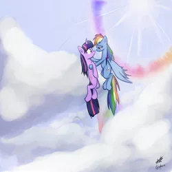 Size: 2000x2000 | Tagged: safe, artist:gsphere, derpibooru import, rainbow dash, twilight sparkle, cloud, cloudy, female, flying, high res, lesbian, rainbow, shipping, sky, sonic rainboom, twidash