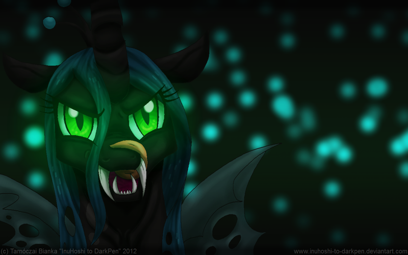 Size: 900x563 | Tagged: safe, artist:inuhoshi-to-darkpen, derpibooru import, queen chrysalis, changeling, changeling queen, abstract background, bust, deviantart link, fangs, female, frown, glowing eyes, image, kitchen eyes, licking, licking lips, long tongue, looking at you, png, signature, slit eyes, solo, tongue out