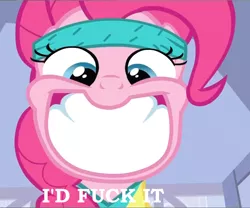 Size: 1208x1006 | Tagged: suggestive, derpibooru import, edit, edited screencap, screencap, pinkie pie, earth pony, pony, caption, female, i'd fuck it, looking at you, mare, mspaintponies, reaction image, smiling, solo, text, vulgar, wide smile