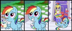 Size: 1500x656 | Tagged: a bird in the hoof, artist:madmax, comic, derpibooru import, heart, lidded eyes, paint, paint on fur, rainbow, rainbow dash, royal guard, safe