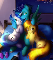 Size: 3000x3400 | Tagged: alcohol, artist:spittfireart, derpibooru import, edit, female, high res, lucky bastard, male, shipping, soarin', soarinfire, soarin' gets all the mares, spitfire, straight, suggestive, vinylrin, vinyl scratch