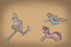 Size: 900x600 | Tagged: artist:uc77, bender bending rodriguez, chase, crossover, derpibooru import, elements of harmony, flying, futurama, greatest internet moments, rainbow dash, running, safe, trio, twilight sparkle