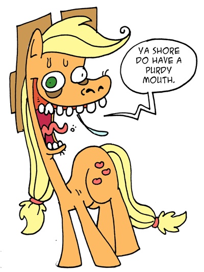 Size: 400x534 | Tagged: safe, artist:krampuskind, derpibooru import, applejack, earth pony, pony, accent, deliverance, female, hillbilly, mare, redneck, simple background, solo, teeth