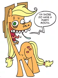 Size: 400x534 | Tagged: safe, artist:krampuskind, derpibooru import, applejack, earth pony, pony, accent, deliverance, female, hillbilly, mare, redneck, simple background, solo, teeth