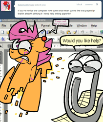 Size: 640x760 | Tagged: animated, artist:putuk, ask, ask scootabot, clippit, derpibooru import, dialogue, eyebrow wiggle, paperclip, safe, scootabot, scootaloo, tumblr, twist