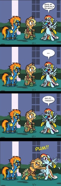 Size: 493x1500 | Tagged: ..., applejack, artist:niban-destikim, derpibooru import, do it, do it faggot, edit, exploitable meme, gala meme, meme, rainbow dash, safe, spitfire