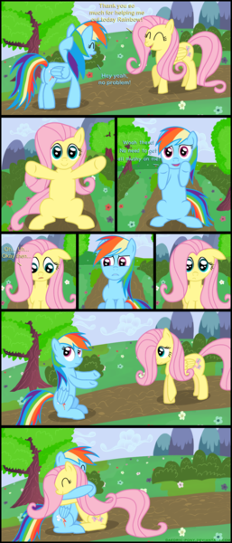 Size: 1020x2380 | Tagged: safe, artist:daedric-pony, derpibooru import, fluttershy, rainbow dash, comic, cute, dashabetes, eyes closed, floppy ears, frown, happy, hug, open mouth, raised hoof, sad, shyabetes, sitting, smiling, underhoof