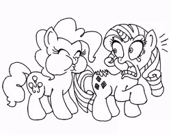 Size: 895x711 | Tagged: safe, artist:beau-skunk, derpibooru import, pinkie pie, rarity, earth pony, pony, unicorn, bite mark, biting, black and white, butt bite, cannibalism, cheek puffing, chubby cheeks, eyes closed, female, funny, grayscale, hard vore, lineart, mare, marshmallow, meme, monochrome, open mouth, parody, ponies eating meat, puffy cheeks, raised hoof, rarity is a marshmallow, satire, silly, simple background, strange, white background, wide eyes, wild take
