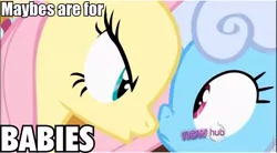 Size: 856x472 | Tagged: safe, derpibooru import, screencap, fluttershy, linky, shoeshine, earth pony, pegasus, pony, putting your hoof down, background pony, caption, female, hub logo, image macro, impact font, mare, maybes are for babies, quote, roflbot, text