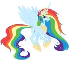 Size: 1500x1260 | Tagged: safe, artist:glamourkat, derpibooru import, rainbow dash, alicorn, pony, alicornified, artifact, crown, ethereal mane, female, hoof shoes, jewelry, mare, peytral, race swap, rainbowcorn, regalia, simple background, solo, spread wings, transparent background, wings