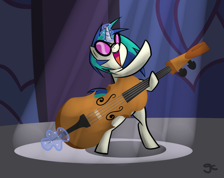 Size: 1238x985 | Tagged: safe, artist:grilledcat, derpibooru import, vinyl scratch, pony, unicorn, bipedal, cello, glowing horn, magic, musical instrument, sunglasses, telekinesis