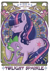 Size: 530x762 | Tagged: artist:hezaa, derpibooru import, duo, flower, french, lidded eyes, modern art, nouveau, safe, spike, twilight sparkle