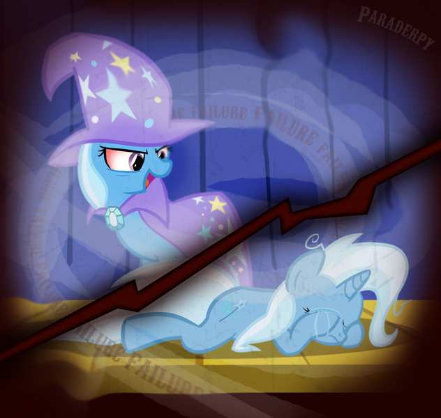 Size: 2000x1900 | Tagged: dead source, safe, artist:slitherpon, derpibooru import, trixie, pony, unicorn, bloodshot eyes, cape, clothes, crying, female, hat, mare, messy mane, open mouth, solo, text, trixie's cape, trixie's hat