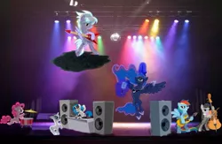 Size: 850x554 | Tagged: artist:wingdune41, cello, cloudchaser, derpibooru import, drums, flying v, guitar, lighting, microphone, musical instrument, octavia melody, pinkie pie, princess luna, rainbow dash, rarity, safe, stage, turntable, vinyl scratch