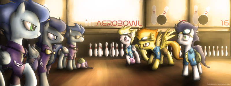 Size: 2048x768 | Tagged: safe, artist:fongsaunder, derpibooru import, descent, nightshade, soarin', spitfire, surprise, oc, oc:messerschmitt, pony, ask, bowling, bowling ball, bowling pin, clothes, costume, female, g4, goggles, grin, image, male, mare, photo, png, shadow surprise, shadowbolts, shadowbolts uniform, smiling, stallion, surprise (g4), tumblr, tumblr:wonderbolt diaries, wide eyes, wonderbolts