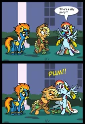 Size: 547x794 | Tagged: safe, artist:niban-destikim, derpibooru import, edit, applejack, rainbow dash, spitfire, pony, exploitable meme, gala meme, meme, silly, silly pony, who's a silly pony