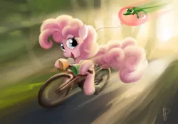 Size: 1200x840 | Tagged: artist:rom-art, balloon, bicycle, cute, derpibooru import, fast, fun, gummy, looking at you, pinkie pie, safe, smiling, summer