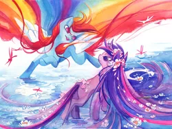 Size: 1280x960 | Tagged: safe, artist:blix-it, derpibooru import, rainbow dash, twilight sparkle, curved horn, female, flower, flower in hair, horn, lesbian, long mane, shipping, traditional art, twidash, wallpaper, water, water lily, watercolor painting