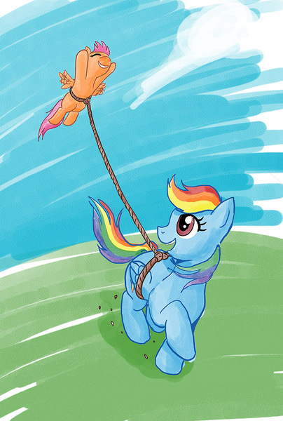 Size: 673x1000 | Tagged: safe, artist:muffinshire, derpibooru import, rainbow dash, scootaloo, pegasus, pony, female, filly, kite, kite flying, mare, open mouth, scootaloo can fly, scootaloo can't fly, scootalove