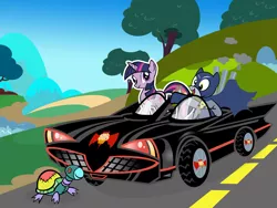 Size: 1000x750 | Tagged: safe, artist:pixelkitties, derpibooru import, derpy hooves, twilight sparkle, pegasus, pony, turtle, 60s batman, batman, batmobile, cardboard cutout, cardboard twilight, female, lincoln futura, mare, toy turtle