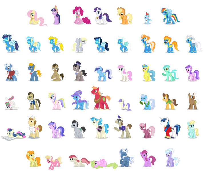 Size: 4671x3924 | Tagged: safe, derpibooru import, allie way, amethyst star, applejack, berry punch, berryshine, big macintosh, blossomforth, bon bon, caramel, carrot top, cheerilee, cloudchaser, daisy, davenport, derpy hooves, doctor whooves, donut joe, fire streak, fleetfoot, flower wishes, fluttershy, golden harvest, helia, high winds, holly dash, lemon hearts, lightning streak, lily, lily valley, lucky clover, lyra heartstrings, minuette, misty fly, mochaccino, perfect pace, pinkie pie, pokey pierce, post haste, rainbow dash, rare find, rarity, roseluck, sea swirl, seafoam, shining armor, shoeshine, shortround, silver lining, silver zoom, soarin', spike, spitfire, surprise, sweetie drops, time turner, trixie, twilight sparkle, twinkleshine, wave chill, earth pony, pony, shetland pony, background pony, eleventh doctor, fifth doctor, flower trio, g1, joe, male, new rainbow dash, raggedy doctor, simple background, stallion, tenth doctor, the master, third doctor, transparent background, vector, wonderbolts