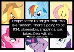 Size: 500x351 | Tagged: applejack, derpibooru import, edit, edited screencap, fluttershy, meta, pinkie pie, pony confession, pony confessions, rainbow dash, rarity, safe, screencap, text, the ticket master, twilight sparkle