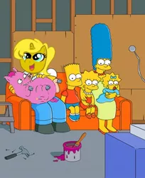 Size: 442x542 | Tagged: safe, derpibooru import, edit, oc, oc:ticket, unofficial characters only, alicorn, pig, pony, baby cakes, alicorn oc, bart simpson, couch gag, harry plopper, homer simpson, lisa simpson, maggie simpson, marge simpson, piggie pie, spiderpig, the simpsons