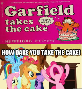 Size: 286x310 | Tagged: applejack, cake, crossover, derpibooru import, fluttershy, garfield, nose in the air, pinkie pie, rainbow dash, safe, thought bubble, twilight sparkle, yelling