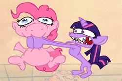 Size: 690x461 | Tagged: safe, derpibooru import, pinkie pie, twilight sparkle, happy happy joy joy, image, png, ren and stimpy, strangling