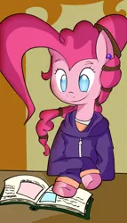 Size: 1090x1900 | Tagged: safe, artist:llamaswithkatanas, derpibooru import, pinkie pie, alternate hairstyle, book, clothes, ear piercing, earring, hoodie, jewelry, no pupils, piercing, solo