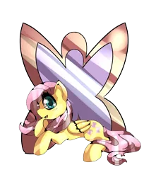 Size: 1177x1329 | Tagged: safe, artist:monythecat, derpibooru import, fluttershy, pegasus, pony, abstract background, blushing, cutie mark background, female, folded wings, hoof on chin, looking at you, mare, open mouth, prone, smiling, solo, wings